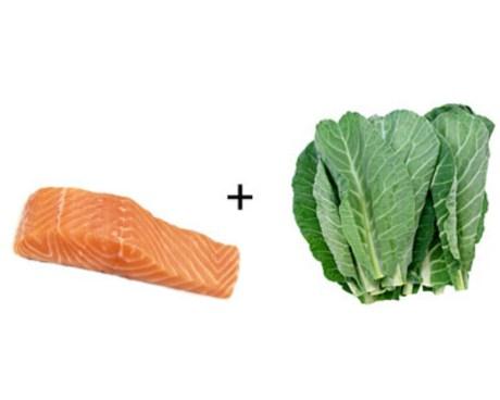 Cá hồi + cải xanh: Cải xanh giúp làm tăng khả năng hấp thụ vitamin D trong cá hồi, tăng cường canxi cho cơ thể.